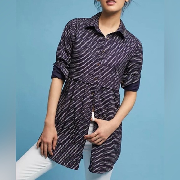 Maeve Anthropologie Aled Polka Dot Button Up Tunic Shirt - Picture 1 of 11